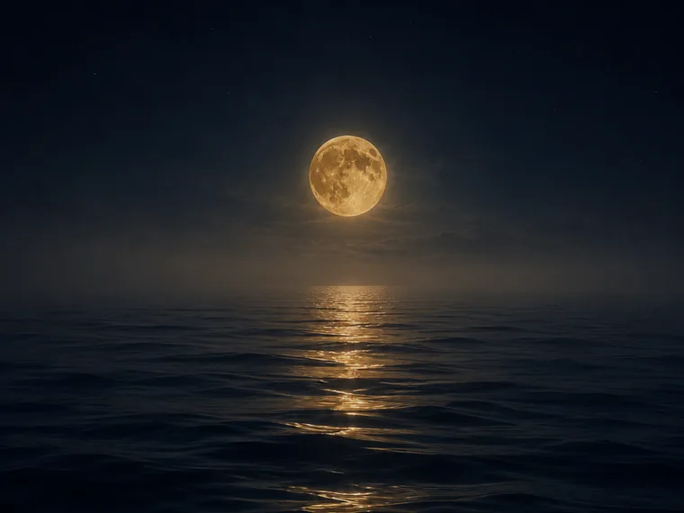 A full moon over open sea, its reflection running down the water.