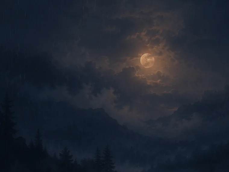 A moon veiled behind cloud over a forest.