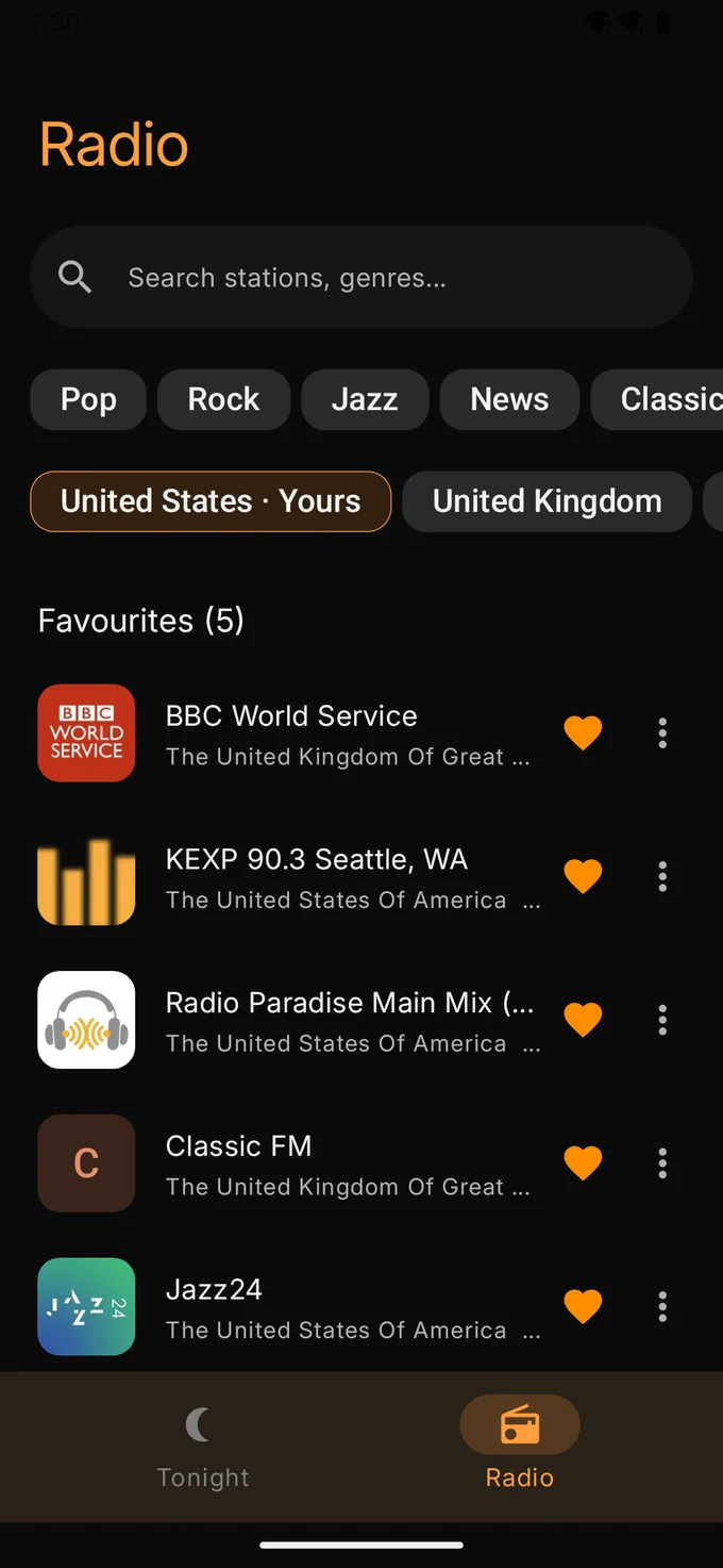 The Radio tab: a search field, genre and country chips, and a list of favourite stations.