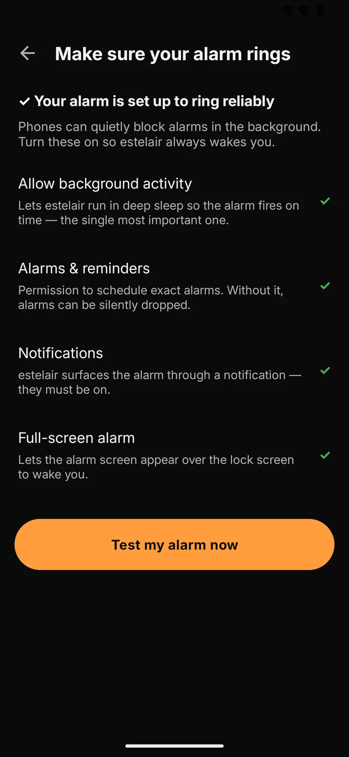 The reliability screen: Make sure your alarm rings, with background activity, alarms and reminders, notifications and full-screen alarm each checked off, above a Test my alarm now button.