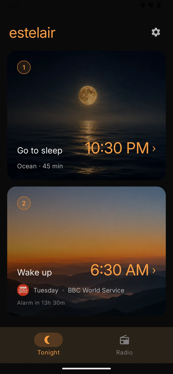 The Tonight screen, showing both a sleep time and a wake time set for the night.