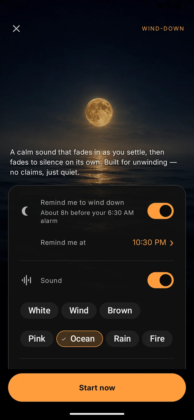 The wind-down screen: a moonlit sea behind the sound options and a Start now button.